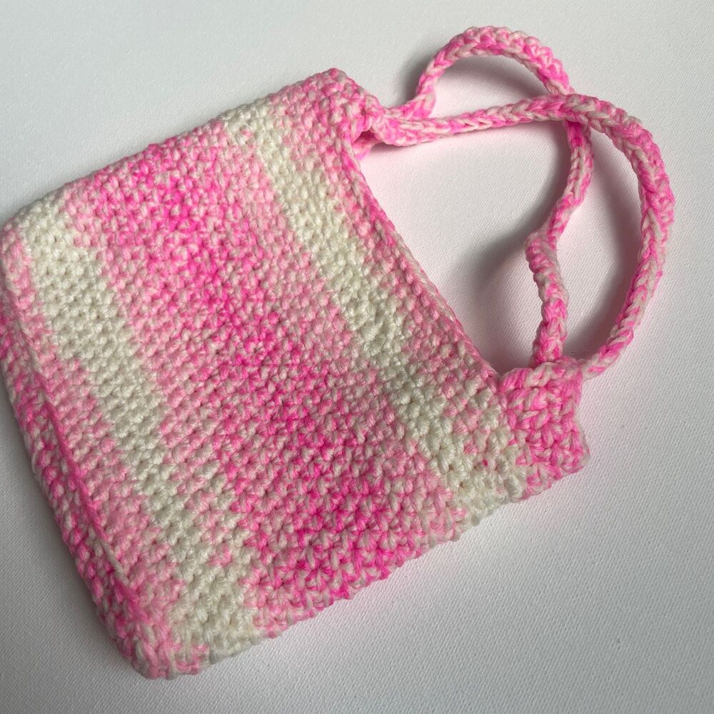 Handmade Crochet Pink Candy Stripe Mini Tote Bag Valentine’s Day cute gift child